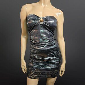 Y2K Trashy Mcbling Mini Dress Size M Silver Black metallic Rhinestone Lace Trim